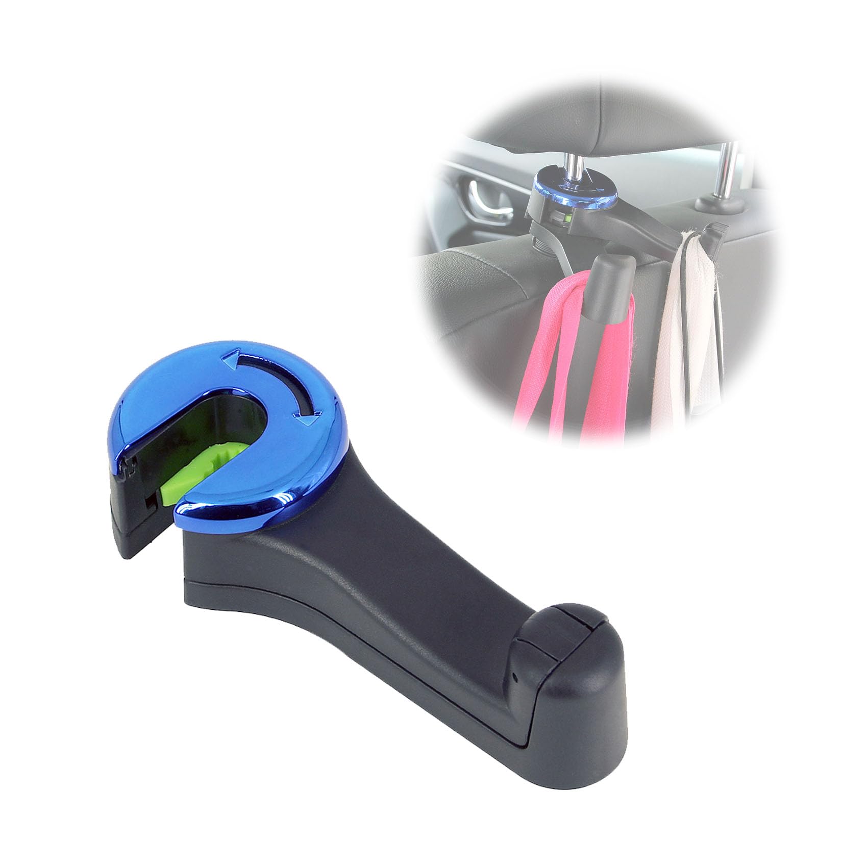 ViWaVee 2 in 1 Headrest Mount Car Hook with Mobile Phone Holder, 360° Rear Hook Car Seats for Bag, Purse, Clothing, Back Seat Organiser, Handbag Holder(Blue-1 Pack).
