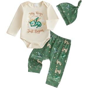 CREAIRY Newborn Baby Boy Fall Clothes Dragon Bear Romper Pants Set with Hat | My Reign Has Just Begun Long Sleeve Bodysuit Sh