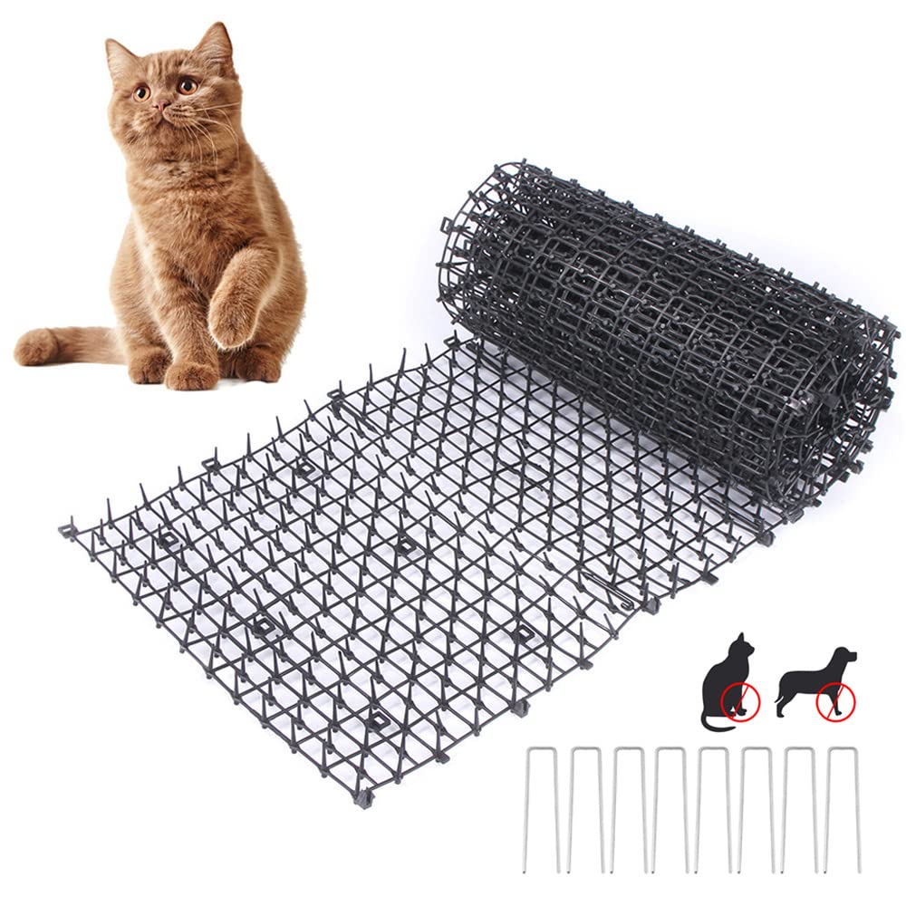 SIYANO Cat Scat Mat with Spikes , 28 x 200cm Prickle Strip Dig Stopper Cat Repellent Deterrent Mat with 8 U-Shaped Garden Pegs, Anti Cat Humane Pet Deterrent Mat for Outdoor Garden Farm Fence, Black