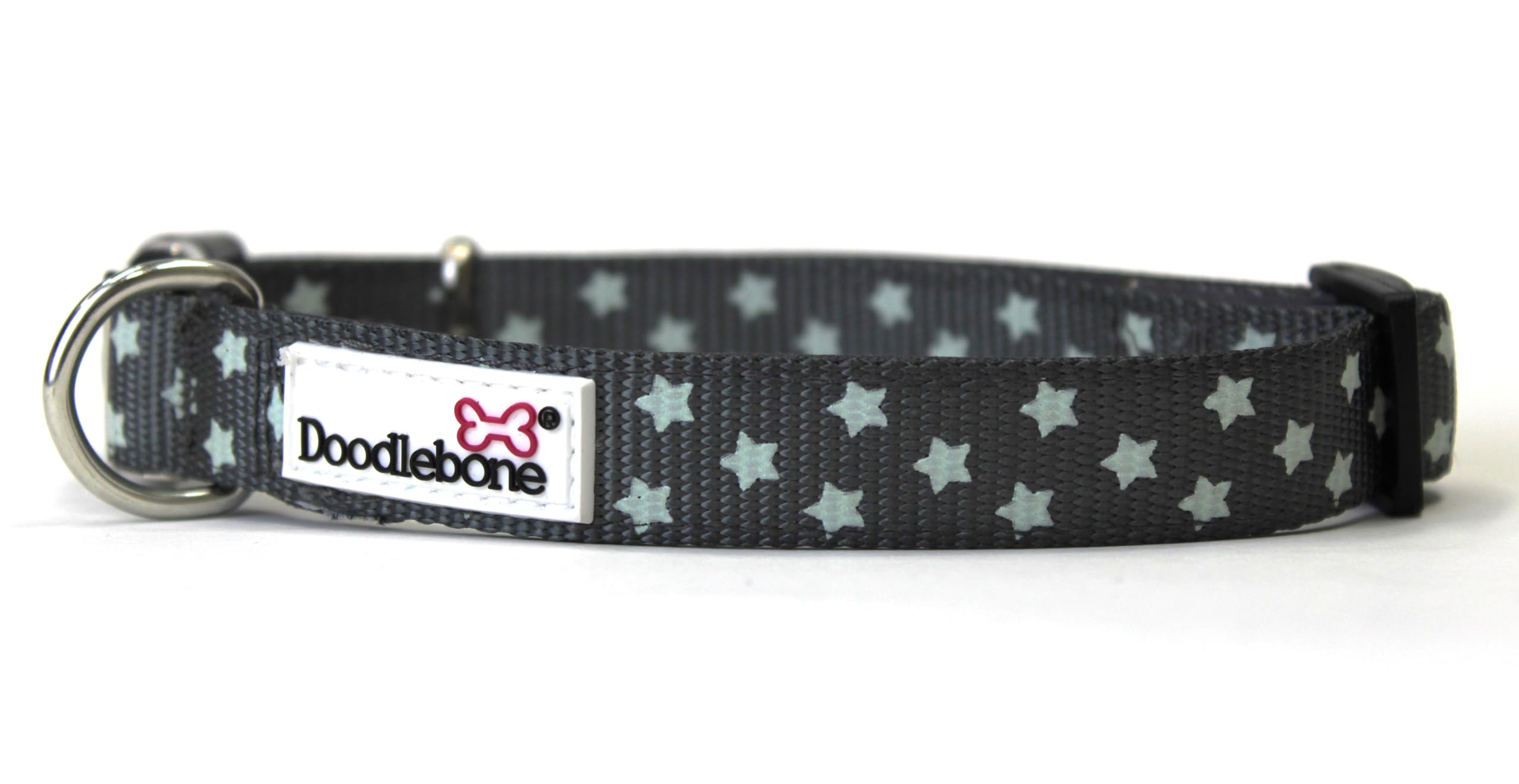 Doodlebone – Padded Dog Collar – Adjustable Breathable Comfort Collar with Reflective Stitching, Strong D Ring & Durable Metal Buckle for Daily Walks – Size 6-11 50–70cm - Grey Stars Glow In The Dark — image 1