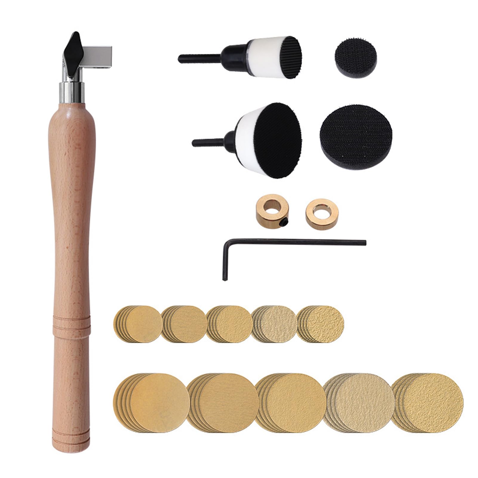 Hand Held Bowl Sander Kit, with Dual Bearing Head, 13 inch Hardwood Handle, 1 inch & 2 inch Backing Pads, 50 Sanding Discs, 60, 80, 120, 220, 320 Grit Sandpaper