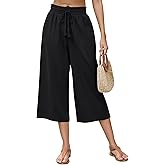 LOMON Women's Linen Capri Pants Wide Leg with Drawstring Elastic Waist Casual Cropped Pant