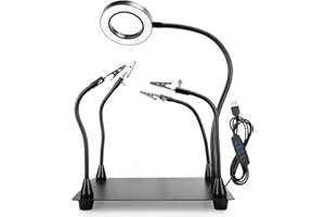 OBDMONSTER Helping Hands Soldering, PCB Holder Soldering Station Third Hand Tool with 5X Magnifying Glass with Light, 4 Arms Helping Hands Non-Slip Steel Weighted Base for Welding