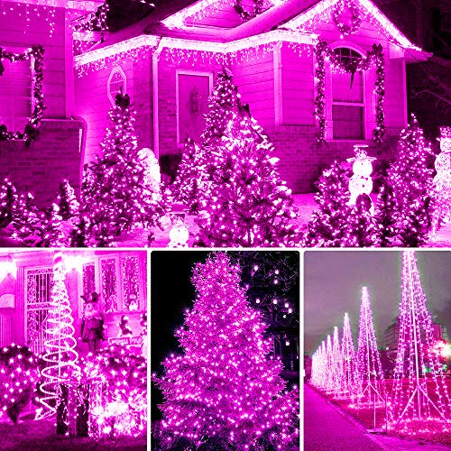 BOLWEO 2 Pack Pink Solar Fairy Lights Decorative, 39.4Ft Solar Deck Lights, 120LED Solar Fence Lights, Waterproof Starbright Rope Outside Home Garden Pathway Yard