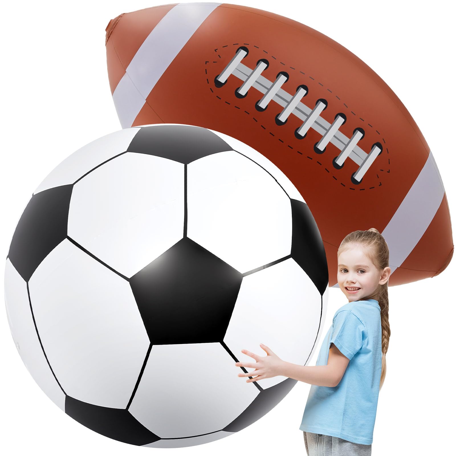 Photo 1 of Lewtemi Giant Inflatable Sports Balls Large Inflatable Beach Ball Baseballs Soccer Rainbow Basketball Football for Sport Birthday Party Favor(2 Pcs,Soccer, Football,27 Inch)