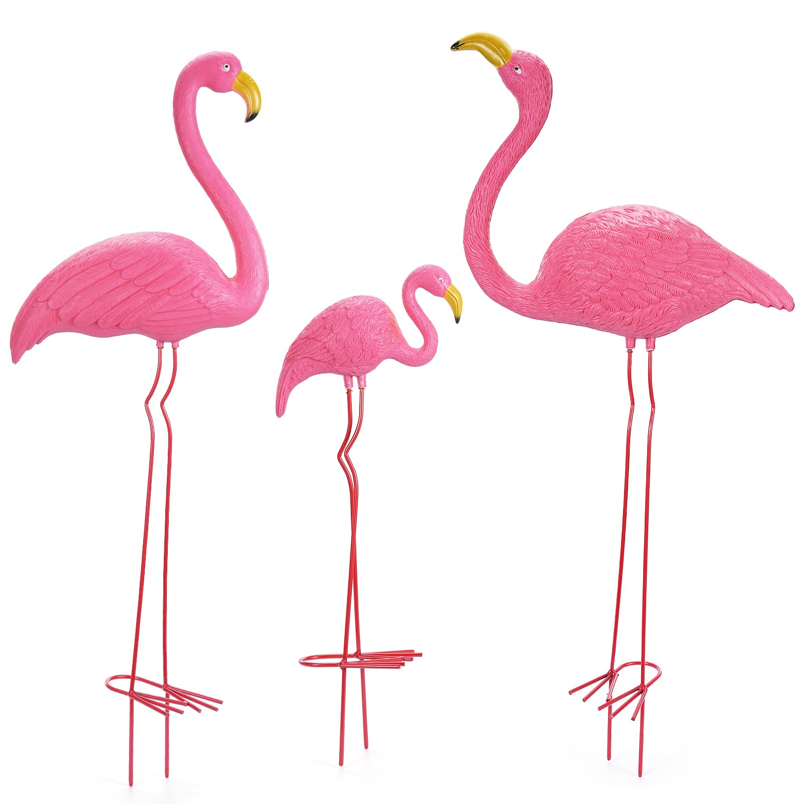 Photo 1 of Ohuhu Family Flamingo Yard Ornaments, Set of 3 (32", 31", 19") Bright Pink Flamingos Ornaments with Metal Feet Stakes for Garden Yard Patio Party Decoration, Outdoor Decor Gardening