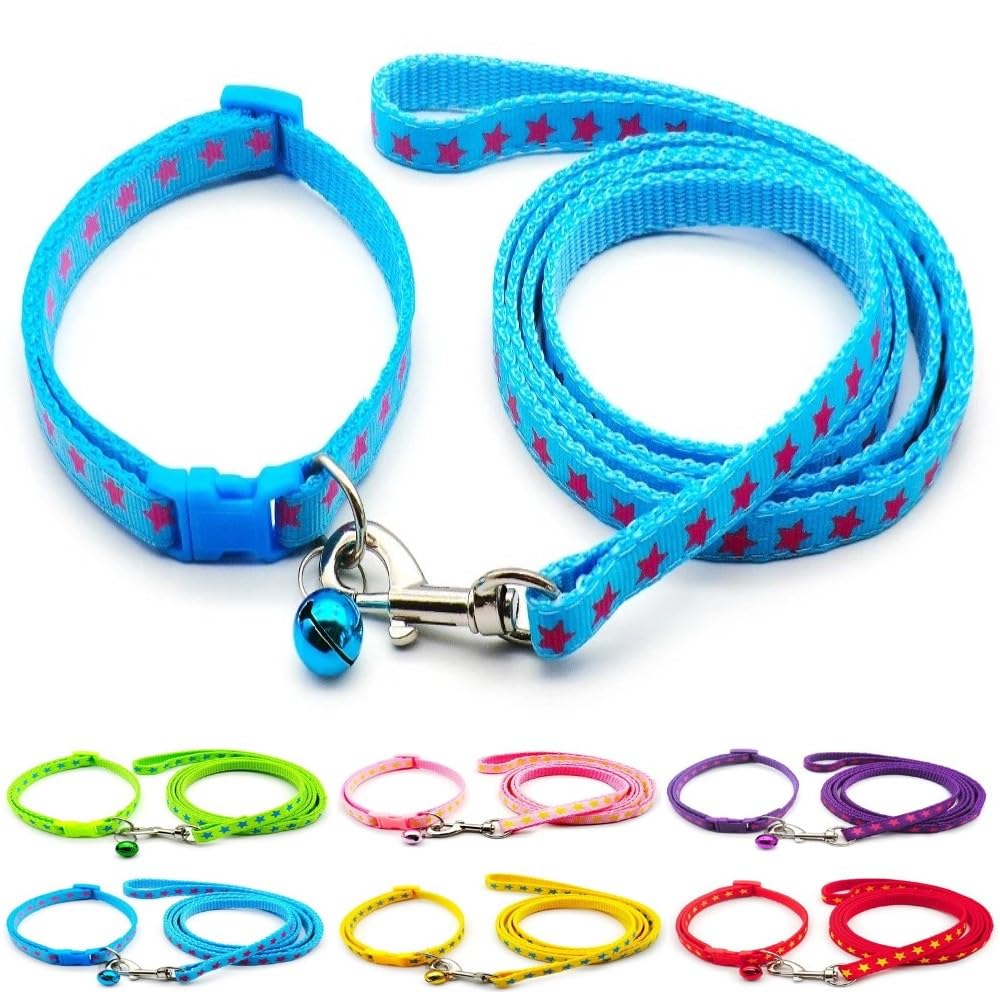 Small Dog Puppy Pet Collar and Lead Set Star Design Nylon Adjustable Size 19-32cm Collar with Bell and 120cm Leash Blue