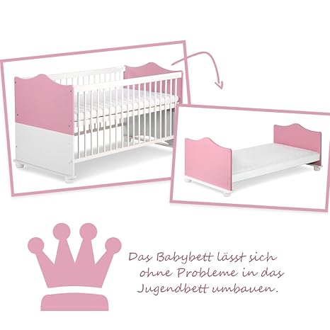 Babybett Kinderbett Juniorbett umbaubar Kleine Prinzessin 70 x 140cm Rosa/Weiß Mädchen