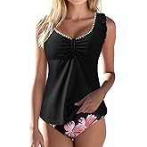 Aleumdr Womens Tankini Bathing Suit Modest Two Piece Swimsuit Ruffle V Neck Swim Tank Top with High Waisted Bottom