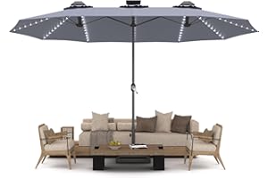 U-MAX 15ft Patio Umbrella with Solar Lights, Large Double Umbrella Outdoor, Rectangle Deck Umbrella with 156 PCS LED Lights a