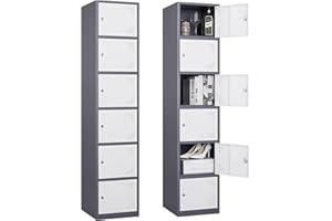 PEUKC Metal Locker with 6 Doors, 71" Locker Storage Cabinet for Employees, 6 Tier Steel Locker with Lock and Keys for School, Gym, Home, Office Staff(Grey White)