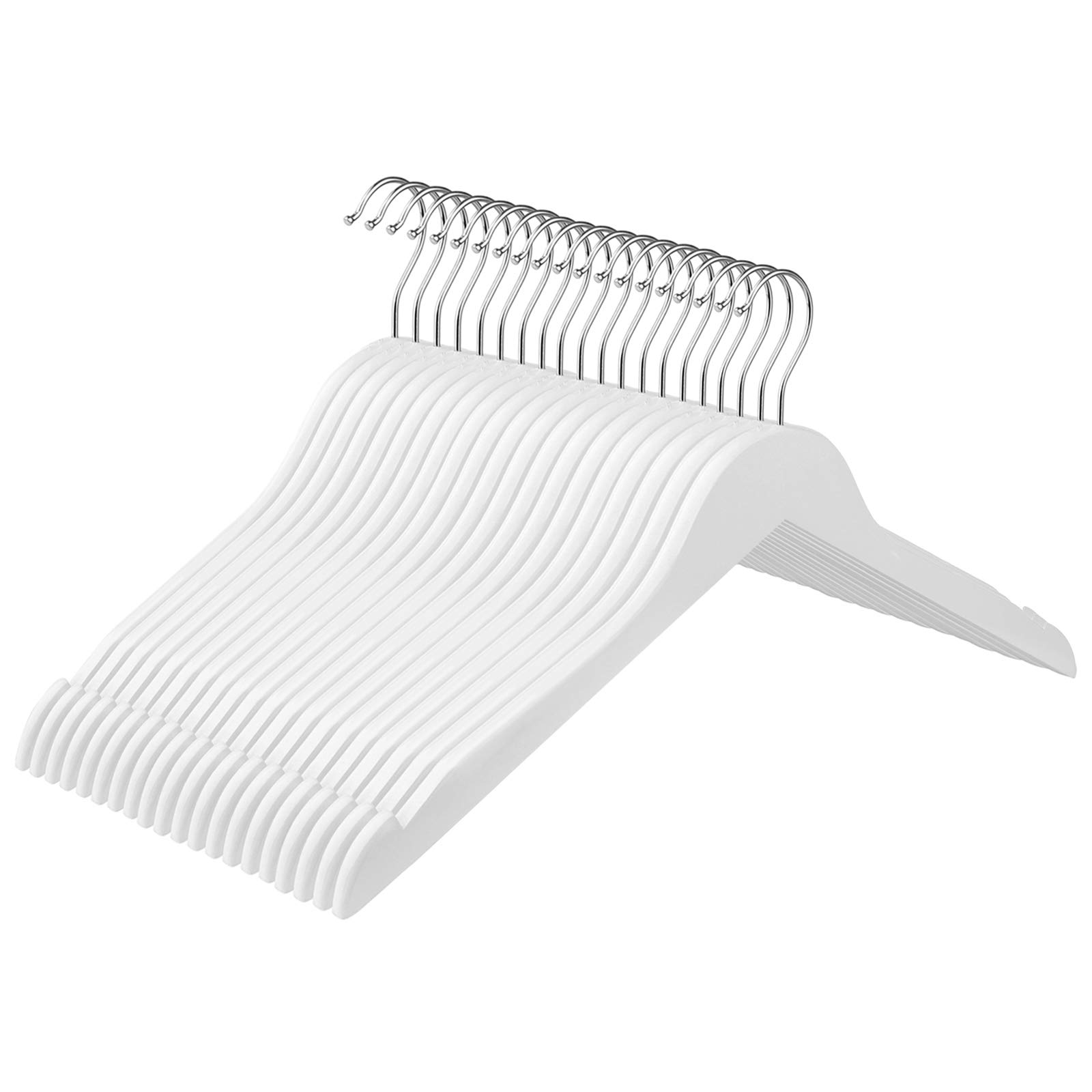 SONGMICS CRW003WT20 Wooden Clothes Hanger with Notches for Jackets, Coats, Suits, Shirts, 360° Rotatable Hook, Non-Slip Length 44 cm, White CRW003WT20