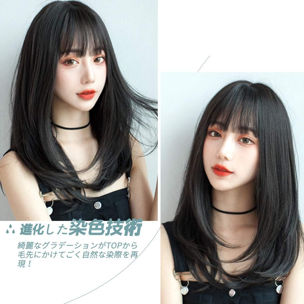 Amazon Lanna ウィッグ セミロング フルウィッグ かつら レディーズ ストレート 自然 小顔 原宿系 ハロウィン ぱっつん前髪 日常 耐熱 グレー フルウィッグ 通販