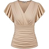 GRACE KARIN Womens Tops Dressy Casual, 2026 Ruffle Sleeve Wrap Blouses, V Neck Ruched Business Work Shirts Summer Clothes