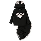 2PC Girls Clothes Girl Heart and Leopard print Hooded Set, Heart print Top +Leopard print Pants Set(7-8T)