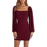 Ofenbuy Women's Mesh Long Sleeve Dress Square Neck Ruched Mini Bodycon Dress Stretch Party Cocktail Dresses