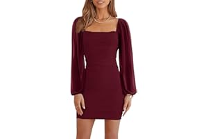 Ofenbuy Women's Mesh Long Sleeve Dress Square Neck Ruched Mini Bodycon Dress Stretch Party Cocktail Dresses