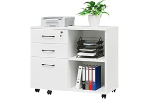 PANANA Wood File Cabinet, 3 Drawer Mobile Lateral Filing Cabinet On Wheels, Printer Stand with Open Storage Shelves for Home Office(White)