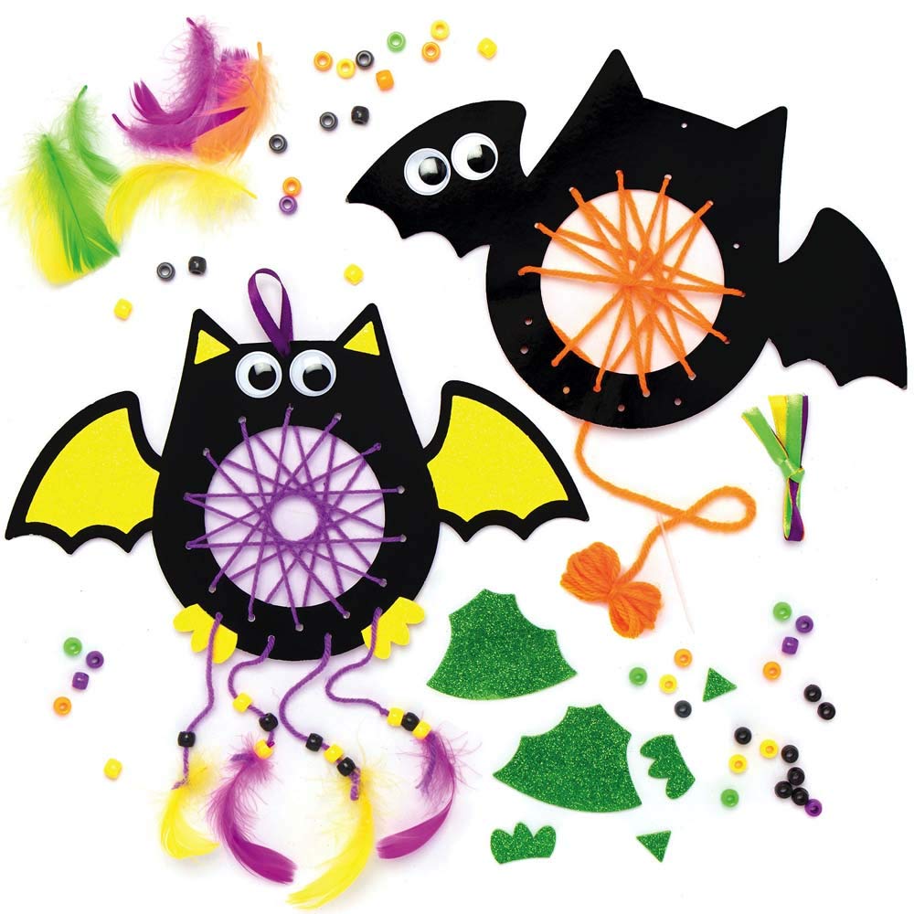 Baker Ross AX191 Bat Dreamcatcher Kits - Pack of 4, Halloween Crafts for Kids to Peel, Stick, Sew and Display This Autumn, Bat, Green,Orange,Purple,Yellow