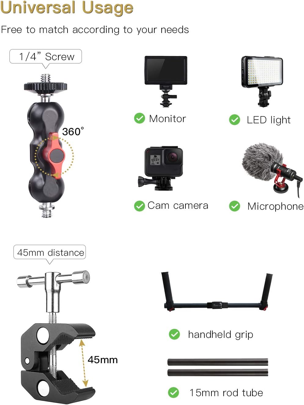 MOSHUSO Camera Mount Clamp with 360° Ballhead Arm, for DSLR Camera/Field Monitor/LED : Camera & Photo