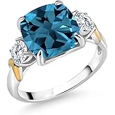 Gem Stone King 5.66 Cttw London Blue Topaz and Moissanite 3-Stone Ring For Women | 925 Silver and 10K Yellow Gold | Gemstone Birthstone | Cushion 10MM | Round 4MM