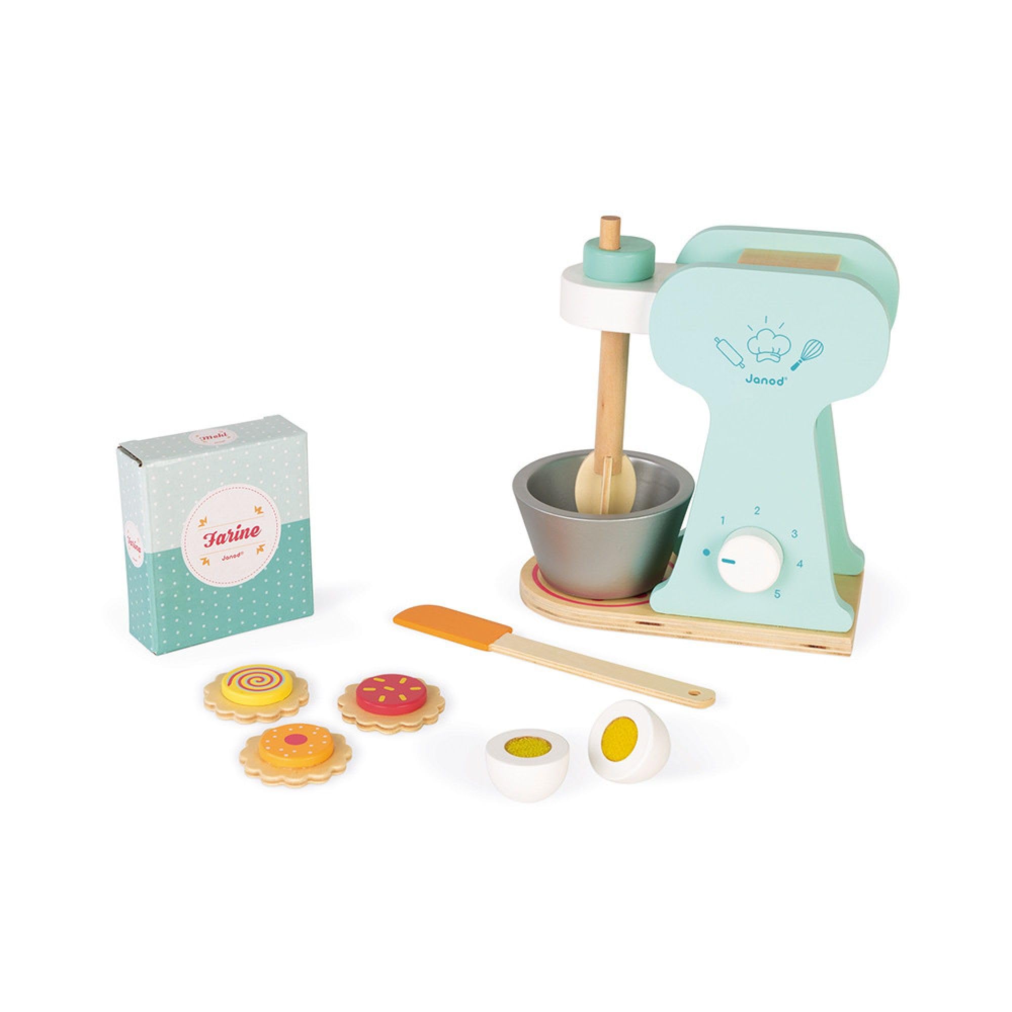 Janod - Wooden Little Mixer Set - Kitchen Make-Believe Toy - 6 Accessories Included - Suitable for ages 8 and up - J06605