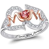 URMWMOO Mothers Ring 925 Sterling Silver Double Heart Red Birthstone I Love You Forever Mom Rings Jewelry Birthday Mothers Day Gifts for Women Mom Grandma Size 6-9