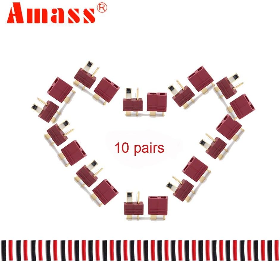 Amass 10 works Deans T-Plug Connectors Male and Female with 20pairs Shrink Tubing For RC LiPo Battery, Red, Small