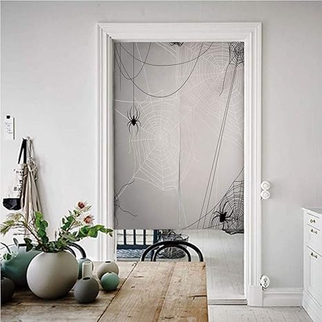 Amazon クモの巣 のれん おしゃれ 目隠し 幅100cm 丈0cm クモの巣からぶら下がっているハロウィーンにインスパイアされたデザイン危険な 漫画アイコン装飾 おしゃれ ロング 居酒屋 店 部屋 玄関 入り口 間仕切り インテリア グレーブラックホワイト のれん オンライン通販