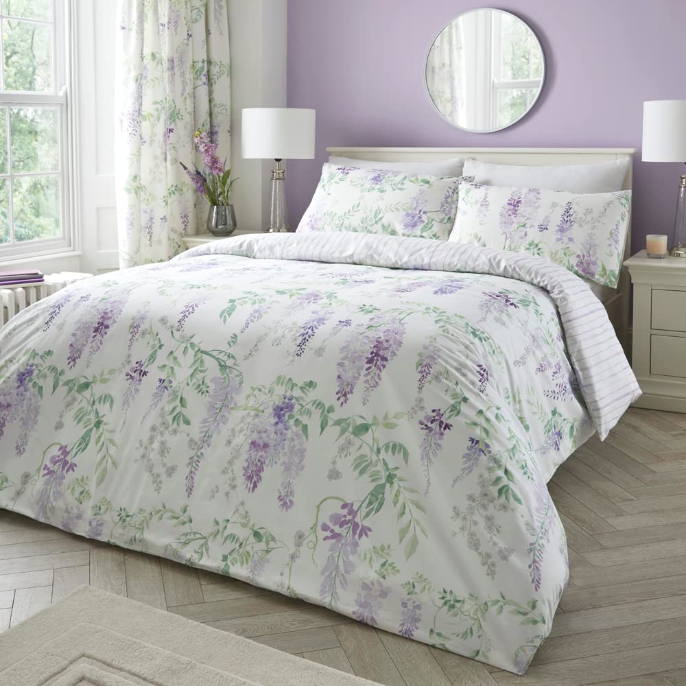 Dreams & Drapes - Purple Floral Wisteria Duvet Cover - Single Bedding Size (140 x 200cm) - Reversible Design (Purple Stripe) - Easy Care & Washable - Flower Duvet Cover in Lilac/Lavender Colour — image 1