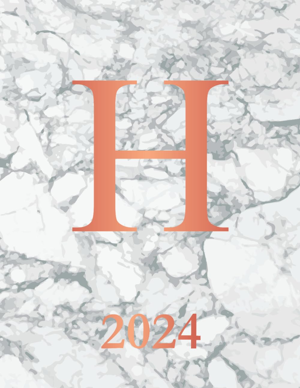 H: 2024. Monogrammed Initial H Weekly Planner Diary For 2024. White Marble & Rose Gold Cover. Datebook Calendar Schedule