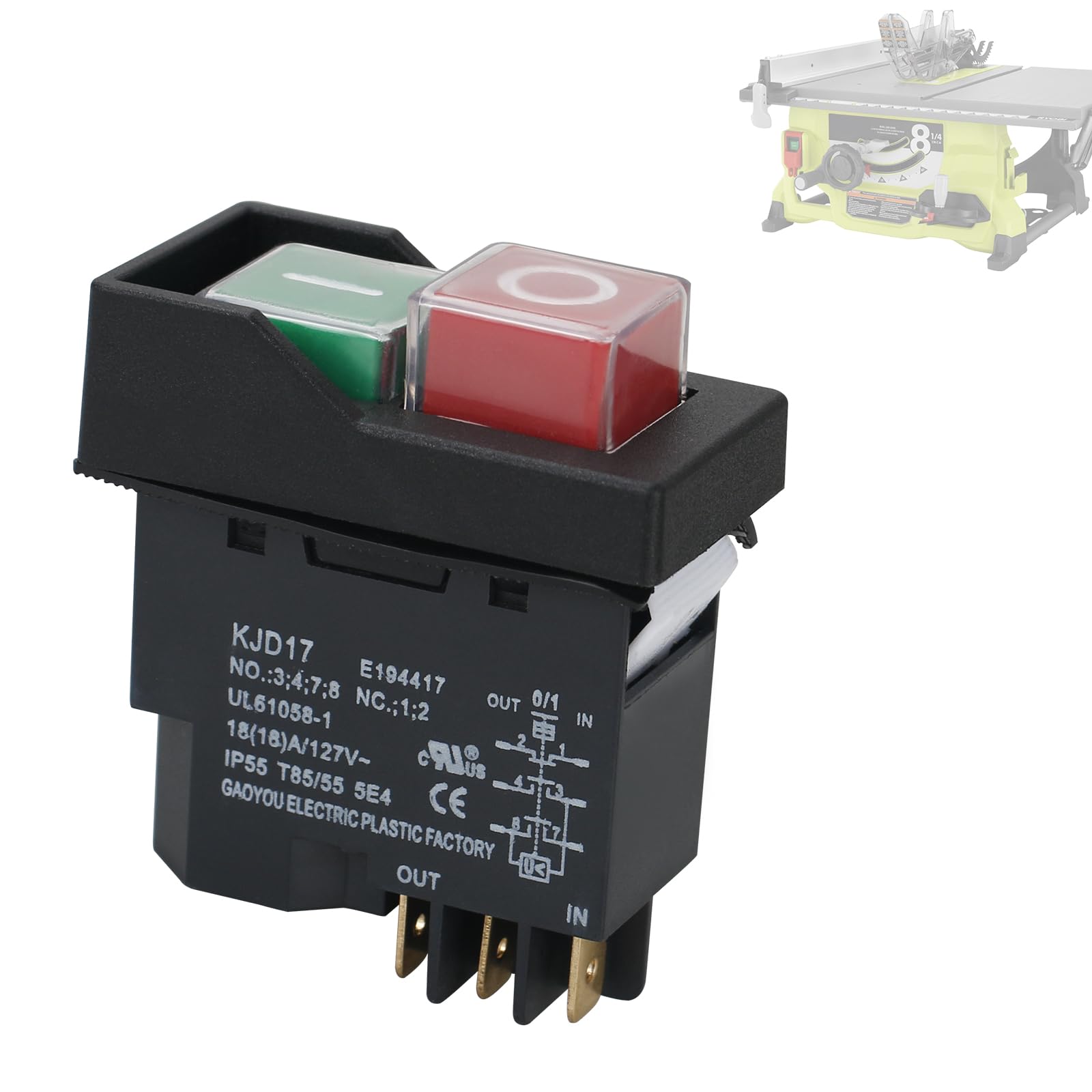 Photo 1 of Table Saw Push Button Switch 6-Pins 089240028147 (18A 127V T85/55) - Compatible with Ridgid R4514T & Ryobi RTS08/RTS12/RTS23, Replacement Power On/Off Switch for Ryobi Table Saws KJD17 E194417