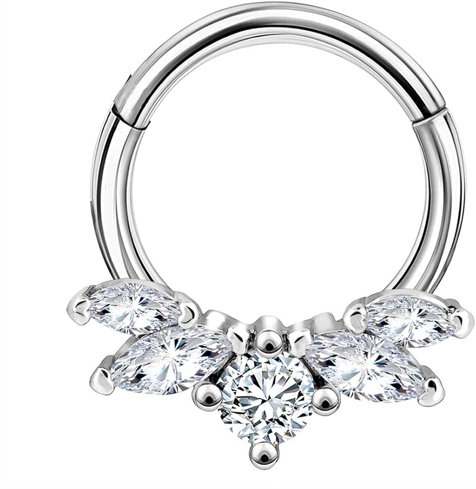 OUFER 16G Crown Daith Piercing Jewellery Helix Hoop Earrings Conch Surgical Steel Hinged Segment Clicker Cartilage Tragus Septum Nose Clear Oval CZ Gem 1.2mm 8mm