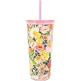 Martha Stewart Double Wall Tumbler with Lid and Reusable Straw, Floral Acrylic Cup, Insulated Travel Cup Holds 24 Ounces (Joyful Blooms)