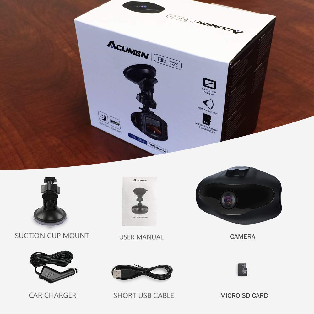 Acumen Dash Cam for Cars with Wide Angle Video Recorder Vehicle Dashboard Camera Exmor Sensor WDR Loop Recording Memory Card Included (Black)