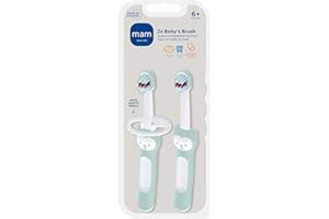 MAM Baby Toothbrushes (2 Baby's Brushes and 1 Safety Shield), Toothbrushes with Brushy The Bear Character, Interactive App, for Boys 6+ Months, Blue