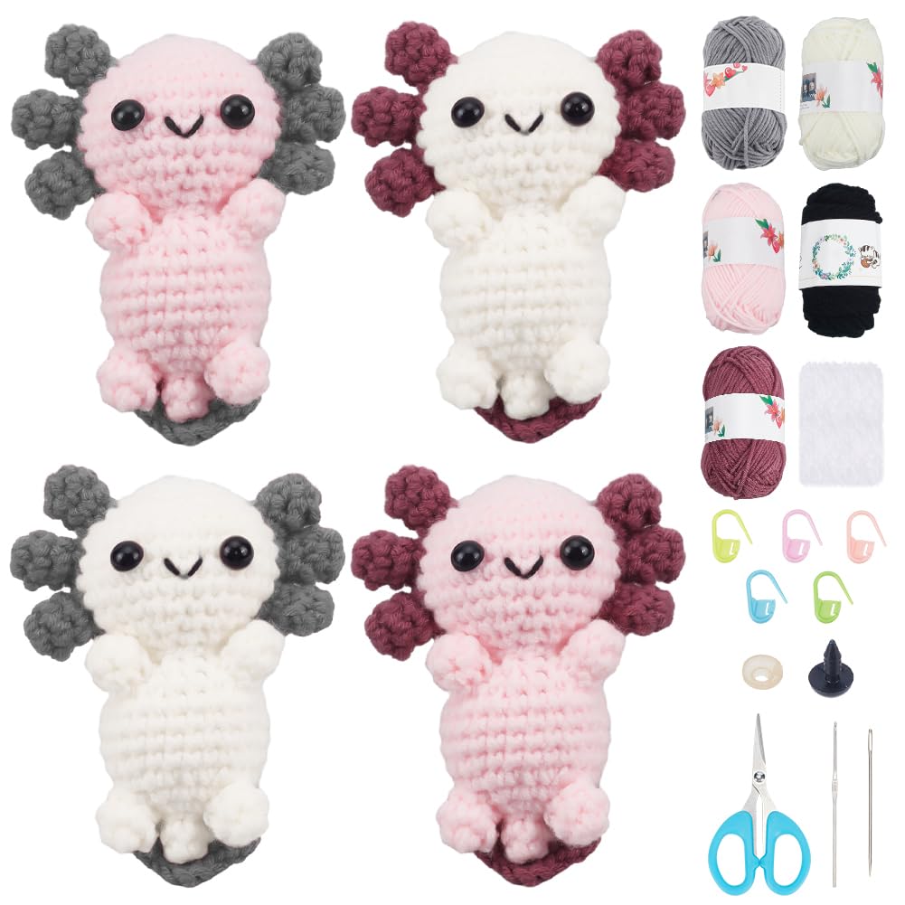 FREEBLOSS 4 Set Crochet Kit Crochet Axolotl Crochet Yarn and Hook Set Crochet Starter Kit with Instruction Crochet Animal Kit Crafts for Adults Beginners Craft Enthusiast