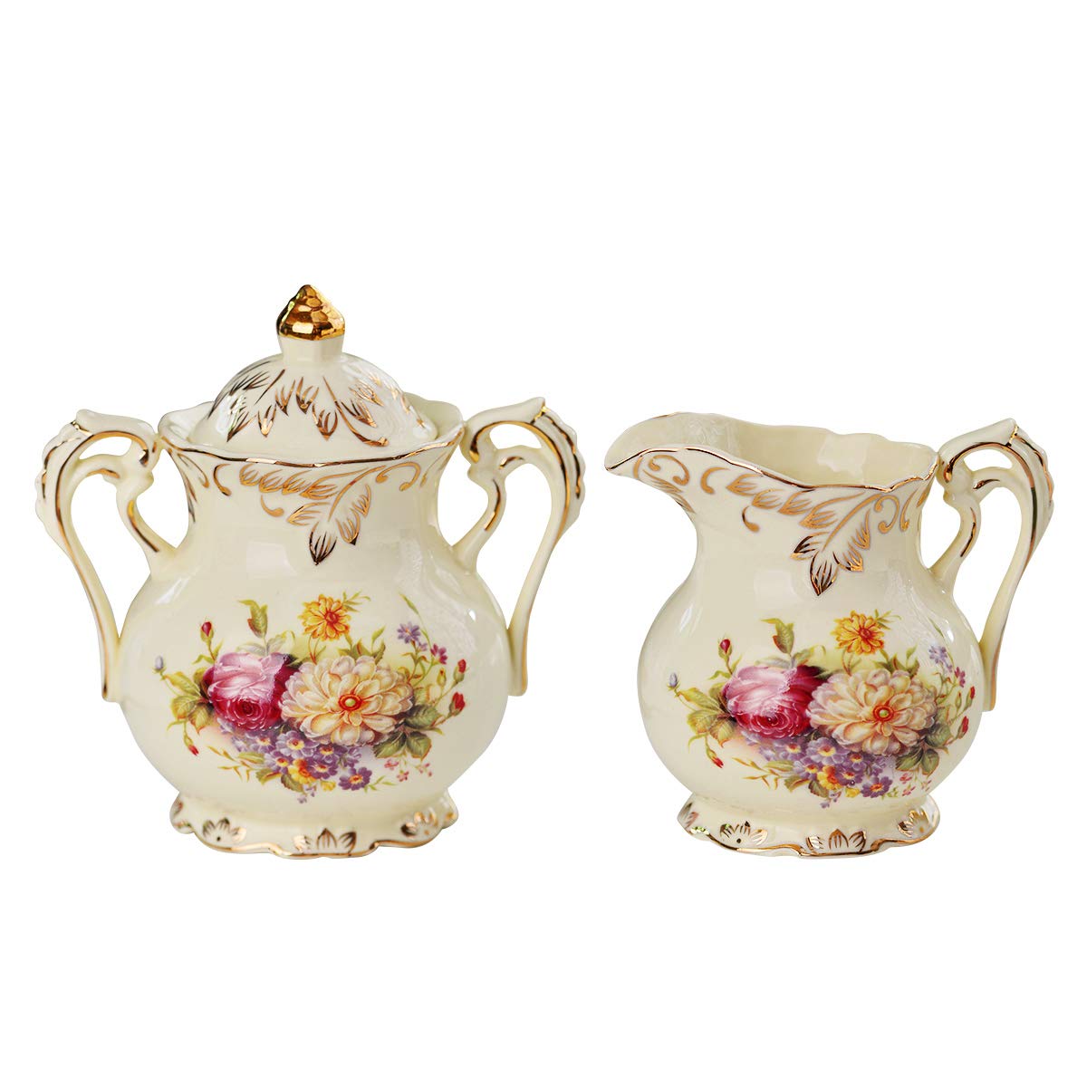 YOLIFE Ceramic Creamer and Sugar Set, Ivory Porcelain Flower and Gold Leaves Edge (Floral)
