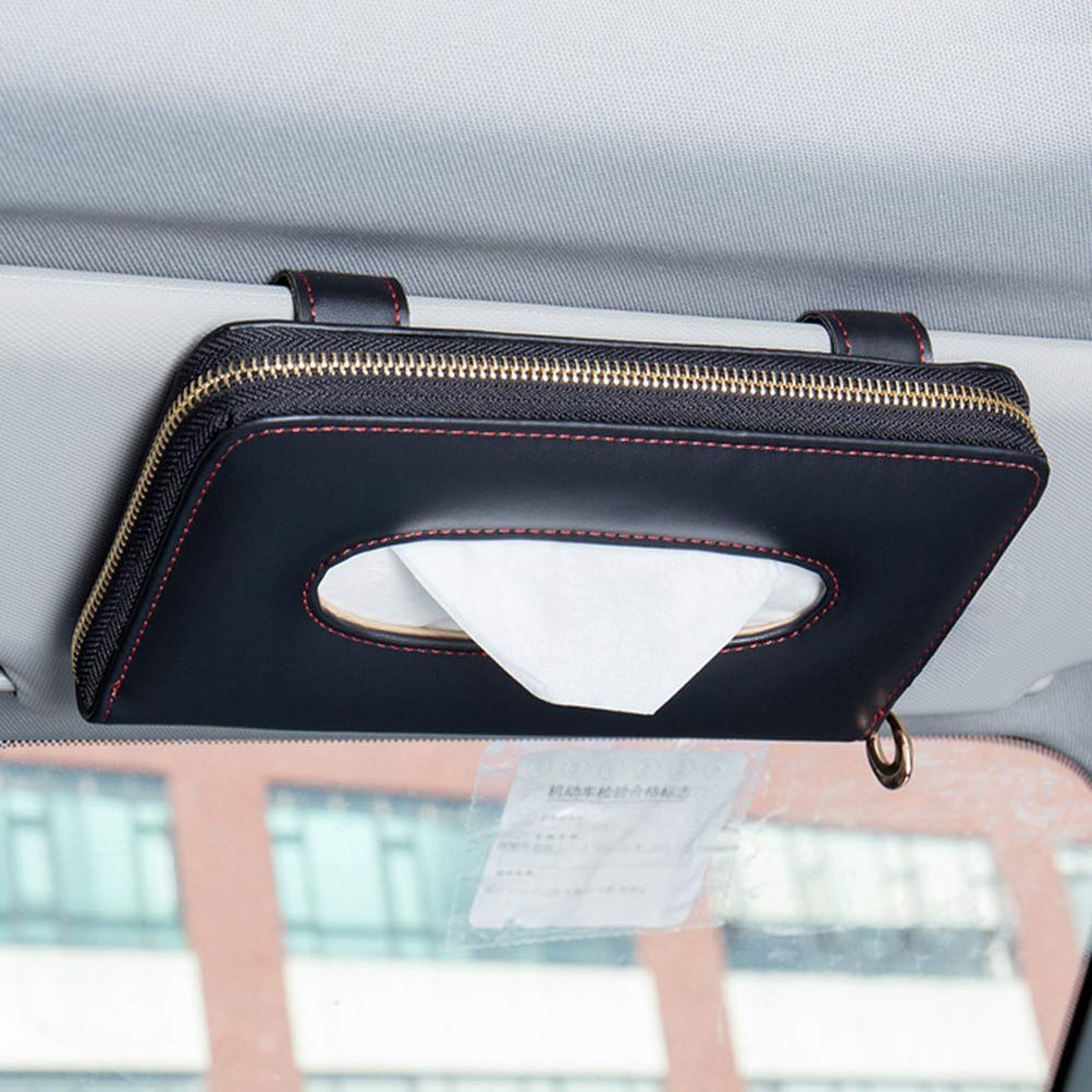 RUISIKIOU Car Sun Visor Napkin Holder, Car Tissue Box, Car Visor Tissue Holder, PU Leather Zipper Backseat Tissue case Holder for Car/Vehicle (Black)