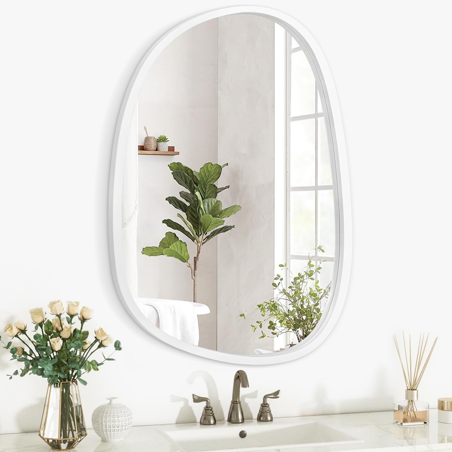 Lzuso Irregular Mirror for Wall Oval Asymmetrical Wall Mirror Modern Unique Decorative Vanity Bathroom Living Room Bedroom Entryway Hallway Artistic Hanging Mirror 40L x 30W cm Grey