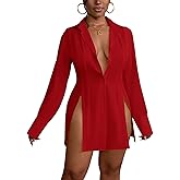 LYANER Women's Casual Shirt Dress Collar V Neck Slit Sexy Shirt Dresses Red Small