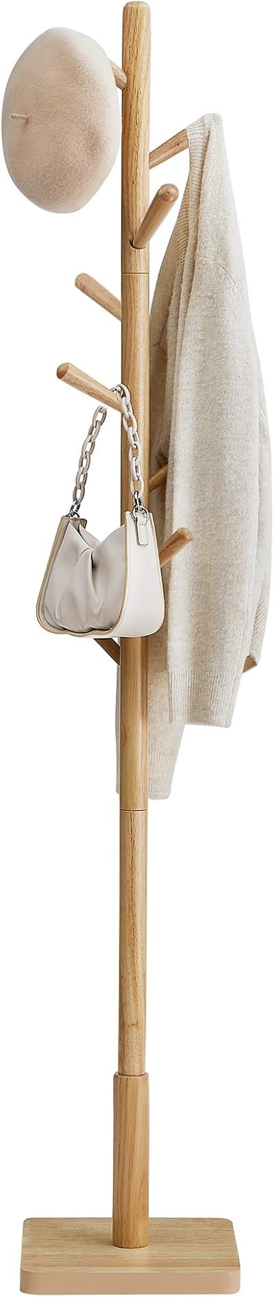 VASAGLE Coat Rack Solid Wood Free Standing Coat Tree 8 Hooks Natural Beige