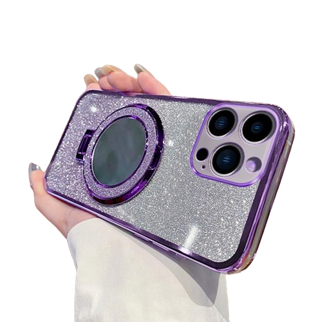IMEIKONST Glitter Case for iPhone 13 Pro Max, Plated Flash Shell Makeup Mirror Ring Stand Function Camera Protector Shockproof Transparent TPU Cover for iPhone 13 Pro Max. Purple DSJ