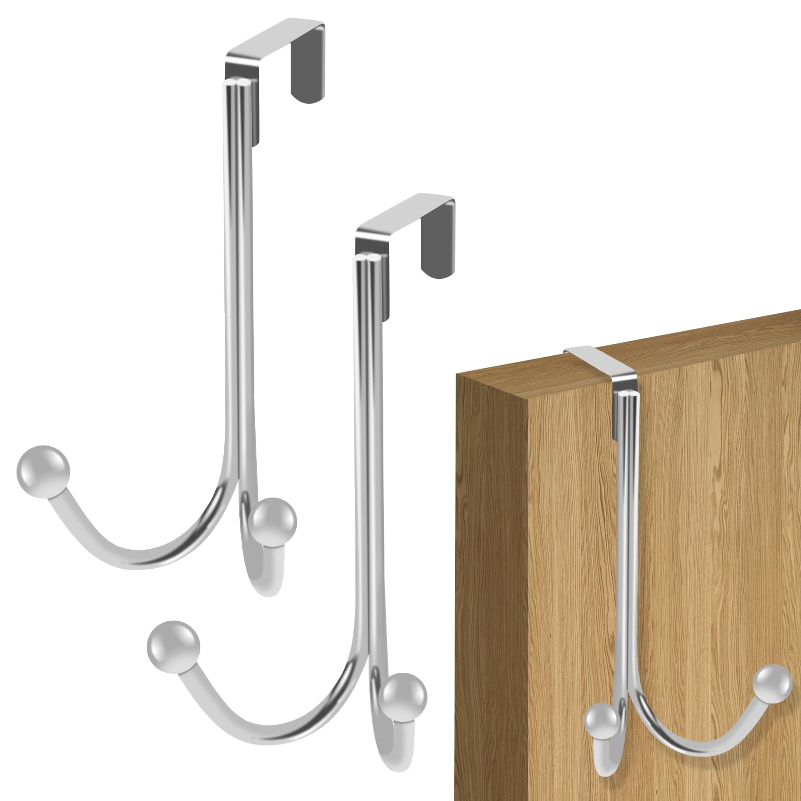 TOKPLNU Over Door Hangers, Heavy Duty Stainless Steel Over Door Hooks Silver Vintage Door Coat Towel Shower Hooks Double Door Hooks Hanging Storage Rack for Hat Bag Jacket,2 Pack