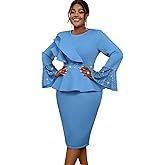 AOMEI Women's Pink Asymmetric Ruffles Long Flare Sleeve with Sequin Peplum Knee Length Dress