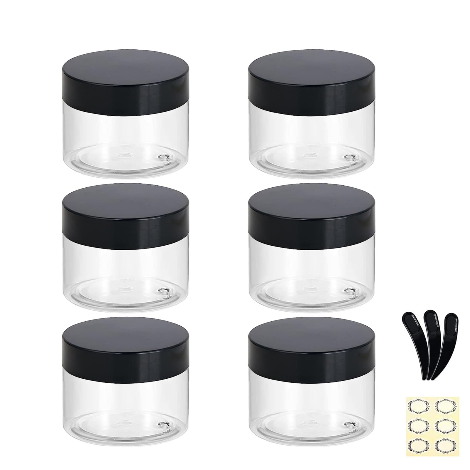 Apstaqeoo 6PCS 100ML Empty Plastic Jars With Black Lids, Clear Round Face Cream Jars Cosmetic Container Travel Storage Jar With Inner Liners for Body Scrub/Lotion/Powder/Ointment/Salves/Sample/Makeup