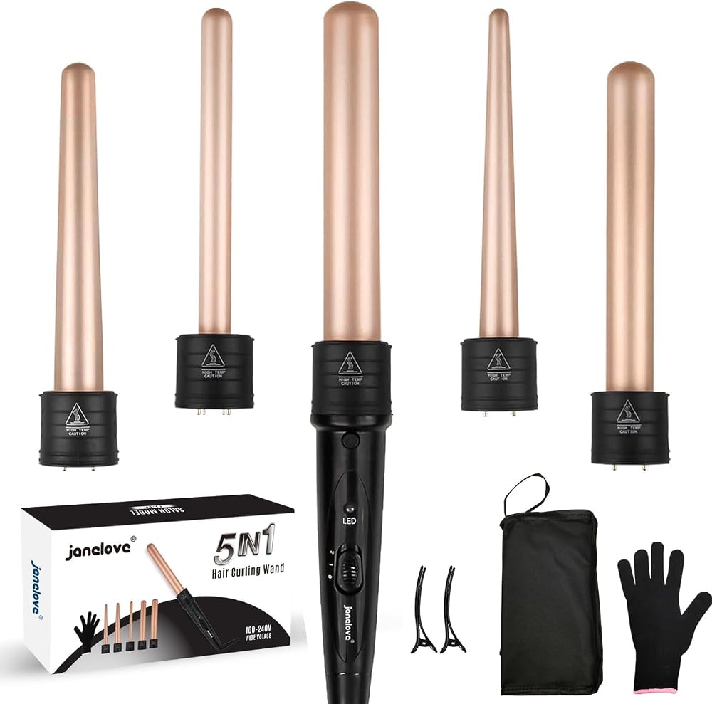 janelove 5-in-1 Curling Wand Set 9-32mm Ceramic Barrels Long Hair Temp Control