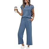 WIHOLL Two Piece Sets for Women Summer Travel Vacation Outfits Cap Sleeve Lounge Matching Sets Wide Leg Pants S-3XL