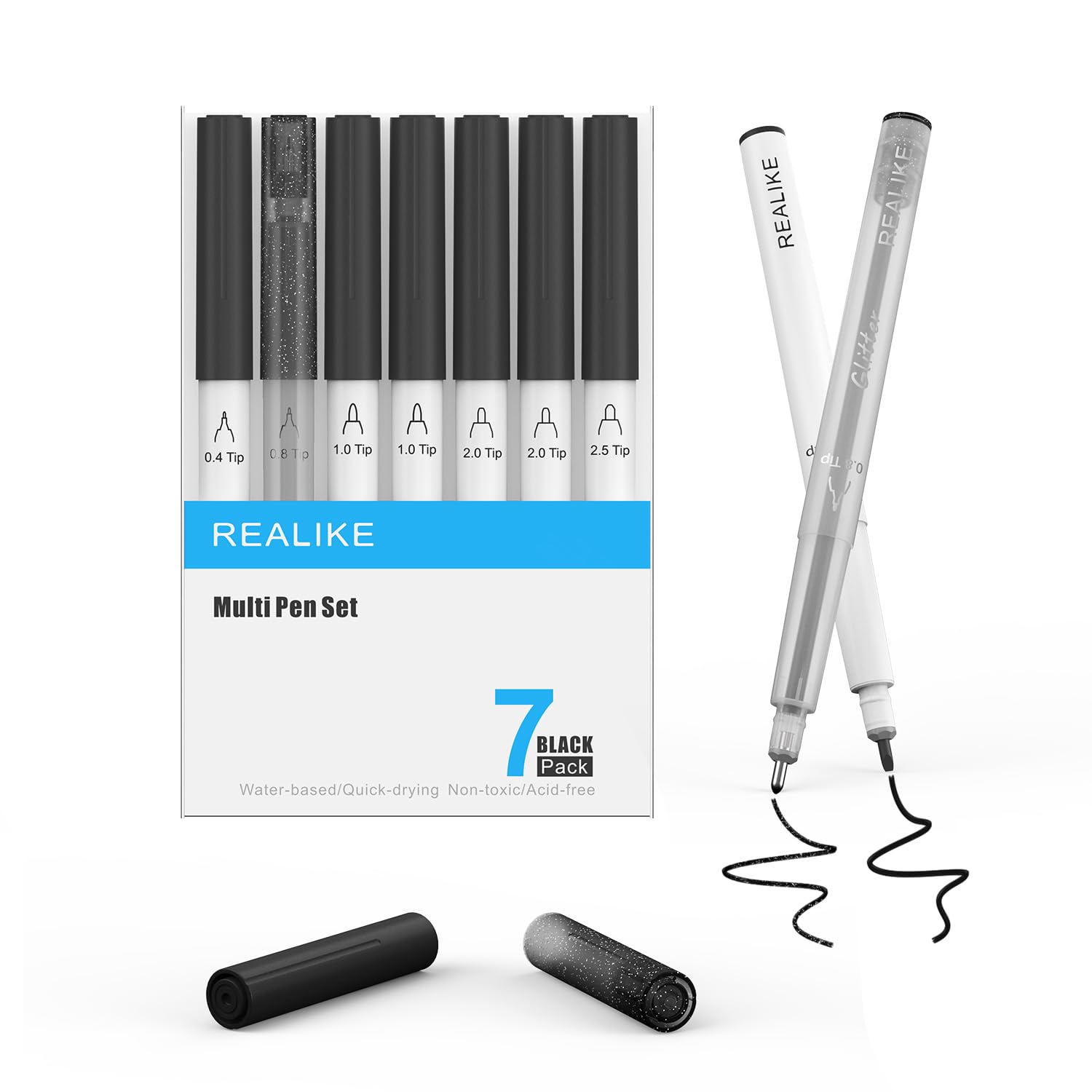 REALIKE Black Pens Compatible with Cricut Maker 3/4/Explore 3/Air 2/Air Calligraphy Glitter Gel 7 pens Variety tips size 0.4 Fine Point Tip1.0 2.0 2.5 drawing