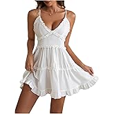 winkbay Women's Deep V Neck Ruffle Mini Dress Criss Cross Backless Layered Frill Beach Vacation Flowy Dress